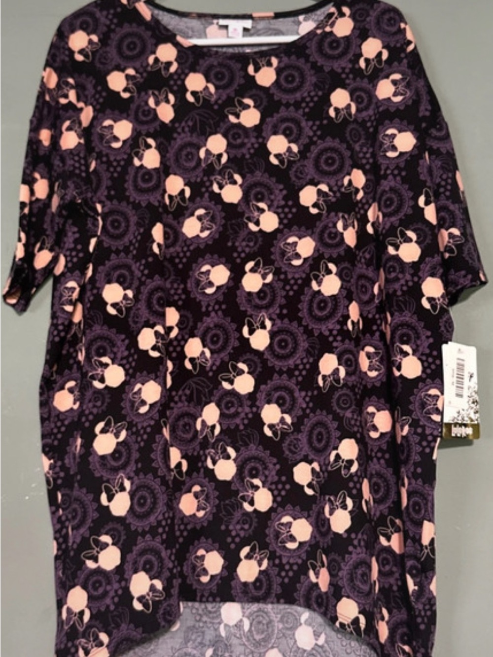 LuLaRoe Disney Irma Purple Medallion Blouse with Pink mini mouse accents